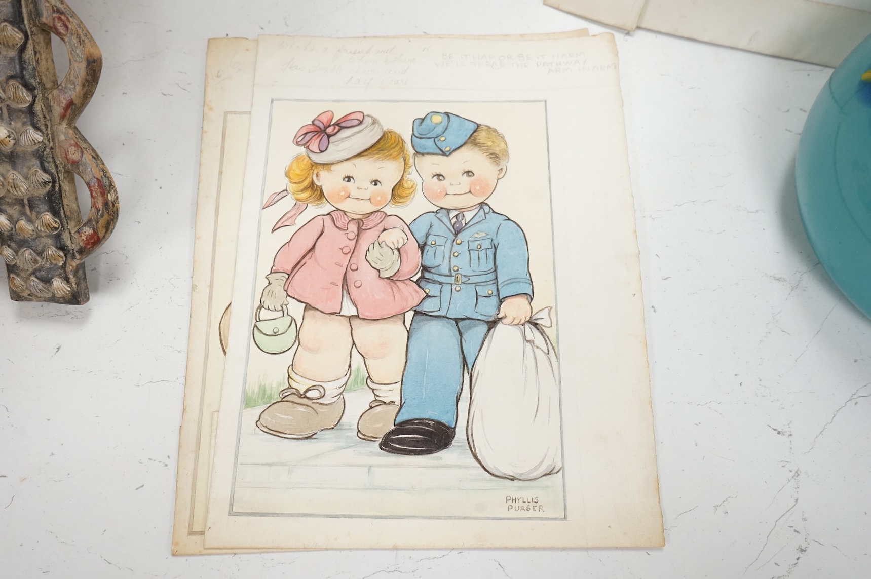 Phyllis Purser (1893-1990), a set of four original watercolours for children's postcard designs, WWII interest to include Kiss me Sergeant?’ And ‘Sailors Don’t Care’, each signed, unframed, 32 x 25cm